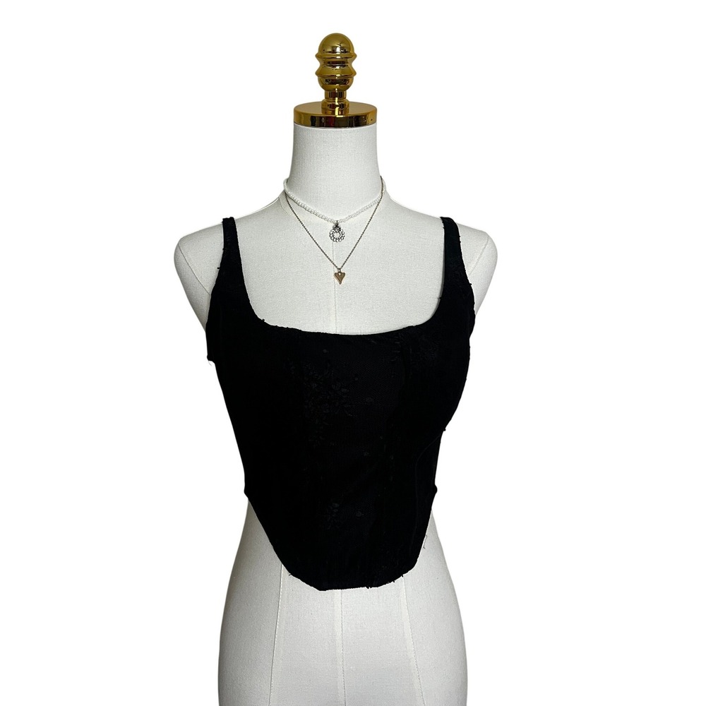 Cotton Candy LA Black Lace Corset Crop Top Square Neck Boning Small